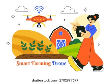 Ilustración vectorial de Tecnología de agricultura inteligente de drones con un agricultor que administra su granja de Industrial usando una tableta en un fondo plano