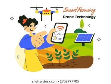 Smart Drone Farming Technology Vector Illustration Featuring a Farmer Managing His Industrial Farm Using a Tablet in a Flat Background