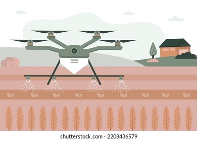 El dron inteligente es regar los campos de los agricultores. Control remoto, inteligencia artificial ayuda a cosechar más. Nuevas tecnologías en la agricultura. Cultivo autónomo de plantas. Eco, granja orgánica. Vector plano