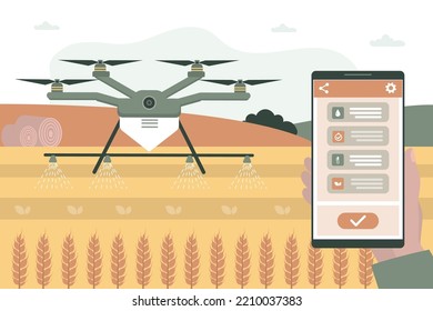 Smart drone is watering farmer fields. Artificial intelligence helps to harvest more. Farmer remotely controls work on mobile phone. New technologies in agriculture. Autonomous cultivation of plants.