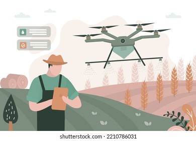 Smart drone is watering farmer fields. Artificial intelligence helps to good harvest. Farmer remotely controls work on tablet pc. New technologies in agriculture. Autonomous cultivation of plants