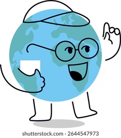 Smart Earth cartoon character with tumb up gesture. Cute hand drawn vector illustration for world environment day posters, eco campaigns, and environmental education. Editable stroke.