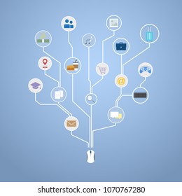 Smart easy life with growth tree technology, Icons digital network connections stylized tree. Flat style vector illustration concept for social network communication, web icons. interface symbols.