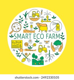 Smart eco farm round poster, organic agriculture principles. Vector illustration.