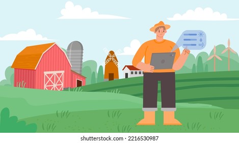 Tecnología de agricultura inteligente y ecológica. Joven agricultor sosteniendo una tableta y con control remoto inalámbrico. Paisaje rural de dibujos animados con campos verdes, graneros y molinos de viento ilustraciones vectoriales