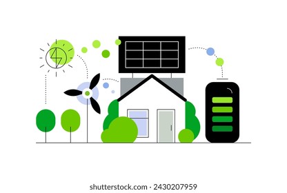 Elegante casa ecológica. Casa cargando con energía solar y eólica. Ilustración plana simple, esquema infográfico. Archivo vectorial.