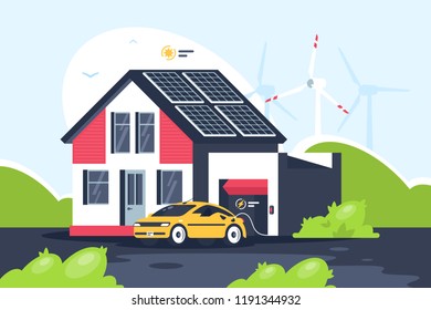 Smart eco house with electric car.