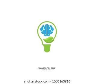 Smart Eco lamp logo template. Lamp brain leaf illustration