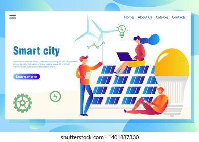smart eco-city concept vector illustration with different alternative energy sources /solar panels/wind turbines. Web page templates