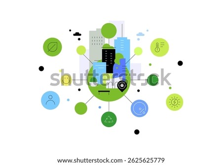 Smart ecologic city. Urban ecosystem. Abstract scheme, infographic element. Flat illustration. Vector file.