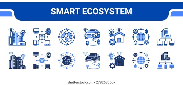 Smart Ecosystem Icon Collection, featuring Smart City, IoT Network, Connected World, Smart Mobility, Smart Living, Ecosystem, Digital Infra.