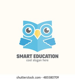 Smart Education Abstract Vector Logo Template. Learning Emblem. Flat Style Wise Owl Reading Book Concept with Typography. Isolated.
