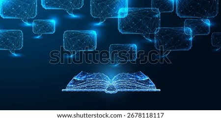 Smart education, AI-powered learning, and digital knowledge sharing. Low poly glowing book with speech bubbles. Represents innovation in virtual classrooms and future education. Vector illustration.