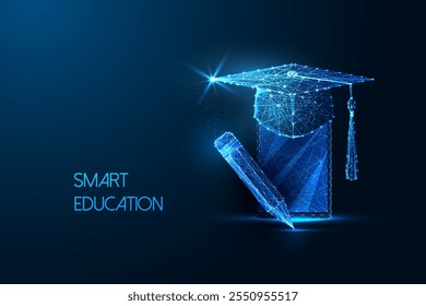 Conceito de educação inteligente com boné de graduação digital brilhante e lápis no fundo azul escuro. Tecnologia e aprendizado inovador. Ilustração vetorial abstrata de baixo polígono. Design de linhas moderno 