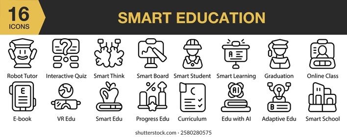 Smart Education icon set. Includes education, smart, digital, online, computer, study, and More. Outline icons vector collection.