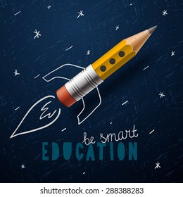 Smart education. Rocket ship launch with pencil - sketch on the blackboard, vector illustration.
