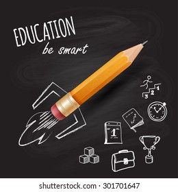 Smart Education. Rocket Ship Launch With Pencil - Sketch On The Blackboard, Vector Illustration.