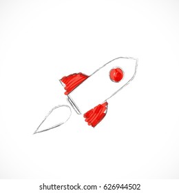 Smart education. Rocket ship launch with pencil - sketch on the blackboard, vector illustration.