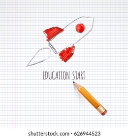 Smart education. Rocket ship launch with pencil - sketch on the blackboard, vector illustration.