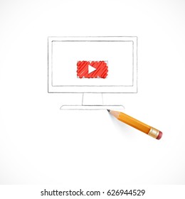 Smart education. Rocket ship launch with pencil - sketch on the blackboard, vector illustration.