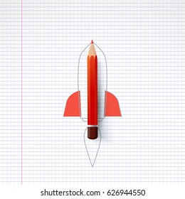 Smart education. Rocket ship launch with pencil - sketch on the blackboard, vector illustration.