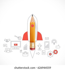 Smart education. Rocket ship launch with pencil - sketch on the blackboard, vector illustration.