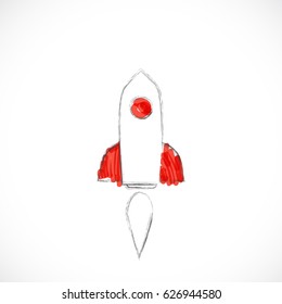 Smart education. Rocket ship launch with pencil - sketch on the blackboard, vector illustration.