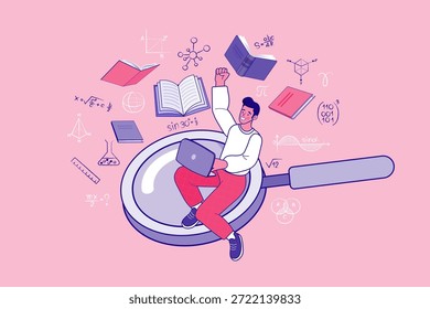 Búsqueda inteligente de educación y concepto de aprendizaje asistido por IA con el estudiante que usa la computadora portátil en la lupa para encontrar soluciones científicas y datos de investigación que combinan la tecnología con el conocimiento.
