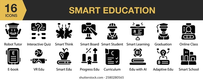 Smart Education solid icon set. Includes education, smart, digital, online, computer, study, and More. Solid icons vector collection.