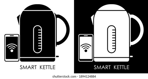Smart electric kettle icon with smartphone. Modern digital technologies for smart home control. Isolated vector in white and black background