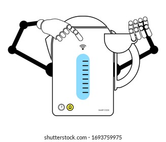 smart electric kettle with robot hands. Household appliances from the smart home series. Isolated vector on white background