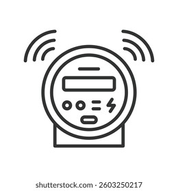 Smart electricity meter, icon in line design. Energy, electric meter, digital meter on white background vector. Smart electricity meter, icon in line design, editable stroke icon