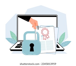 Smart electronic contract signing and secure business agreement online, flat cartoon vector illustration isolated on white background.