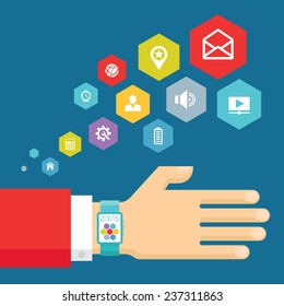 Smart electronic intelligence watch with icons - vector concept illustration in flat style design. Businessman's human hand and modern technology. 