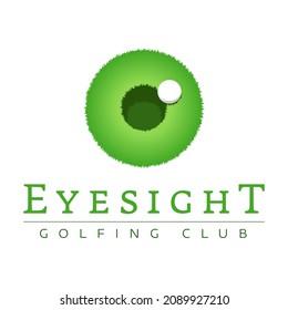 Smart and elegant logo. You can see a beautiful green eye and a golf field's hole surrounded by green and fresh grass. That logo is great for a golfing club or an ophthalmologist center. Vector design