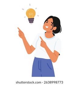 Smart emotional woman cartoon character pointing aside at glowing idea light bulb isolated on white. Young girl having creative thoughts showcasing decision determination emotion vector illustration
