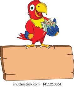 smart energetic colorful parrot standing on top of a blank empty banner template with a gift box