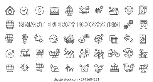 Smart Energy Ecosystem icons in line design. smart energy ecosystem, renewable energy, solar power, battery storage, on white background vector. Smart Energy Ecosystem editable stroke icons.