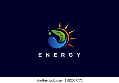 smart energy elements. Water, Sun, Leaf,  Fire, Earth, Air. Gradient elements on dark background. Nature logo. Alternative energy sources. 