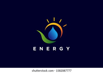 smart energy elements. Water, Sun, Leaf,  Fire, Earth, Air. Gradient elements on dark background. Nature logo. Alternative energy sources. 