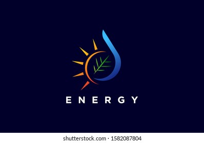 smart energy elements. Water, Sun, Leaf,  Fire, Earth, Air. Gradient elements on dark background. Nature logo. Alternative energy sources. 