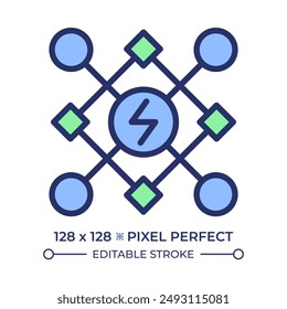 Icono de color RGB perfecto para píxeles de cuadrícula de energía inteligente. Sistema de distribución de electricidad, infraestructura. Alimentación. Ilustración vectorial aislada. Dibujo de líneas rellenas simples. Trazo editable