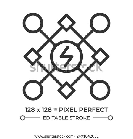 Smart energy grid pixel perfect linear icon. Electricity distribution system, infrastructure. Power supply. Thin line illustration. Contour symbol. Vector outline drawing. Editable stroke