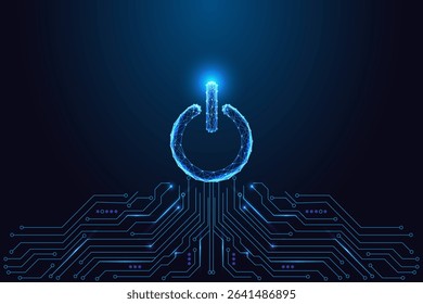 Smart energy management and digital control concept with glowing polygonal power button on a futuristic circuit board background. Abstract low poly style vector illustration.