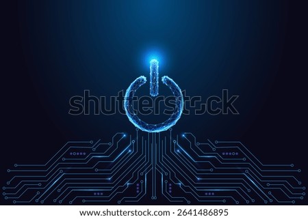 Smart energy management and digital control concept with glowing polygonal power button on a futuristic circuit board background. Abstract low poly style vector illustration.