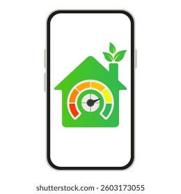 Smart energy set icon. Smartphone screen with eco house, consumption scale and green leaves symbolizes energy efficiency, home monitoring and sustainable technology.