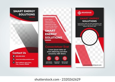 smart energy solutions headline of red black roll up banner stand template design, pull up, flyer advertisement, diagonal shape element on white background, vertical display layout with photo space.