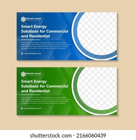 smart energy solutions horizontal banner design template with green and blue background. circle shape for space of photo collage and text. Combination transparency white element design. - Powered by Shutterstock - Get 15% off with code: PIKWIZARD15