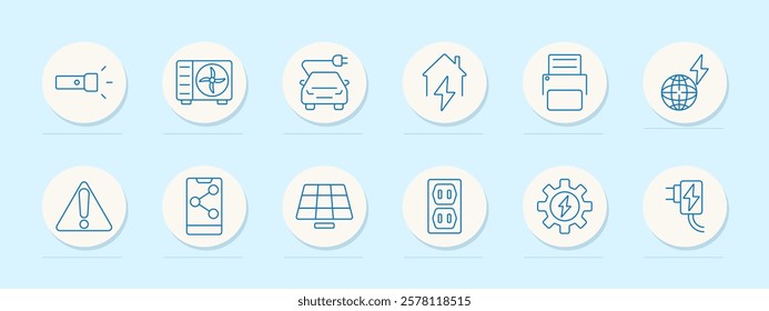 Smart energy solutions set icon. Flashlight, air conditioning, charging, car, warning, home, gear, global, mobile, connectivity