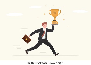 Smart entrepreneur with golden goblet. Winning business or challenge concept. Confident businessman running and carrying big winner trophy. Achievements of goals, big success. flat vector illustration